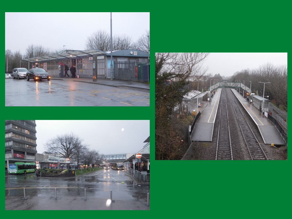 photos of Cwmbran bus station and train station. A wet grey day