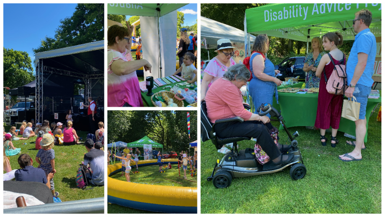 Collage of photos from DAP stall, main stage and children's play area