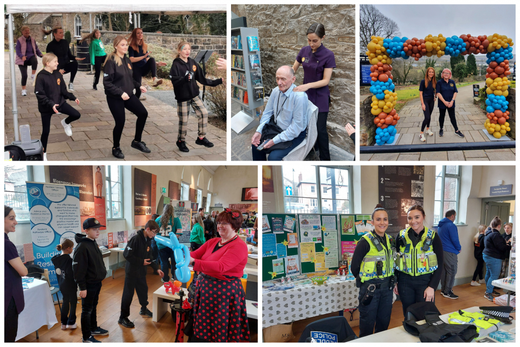 collage of photos including girls dancing, an older gent having a shoulder massage, a balloon arch with two ladies stood under, people watching balloon art and two female police officers