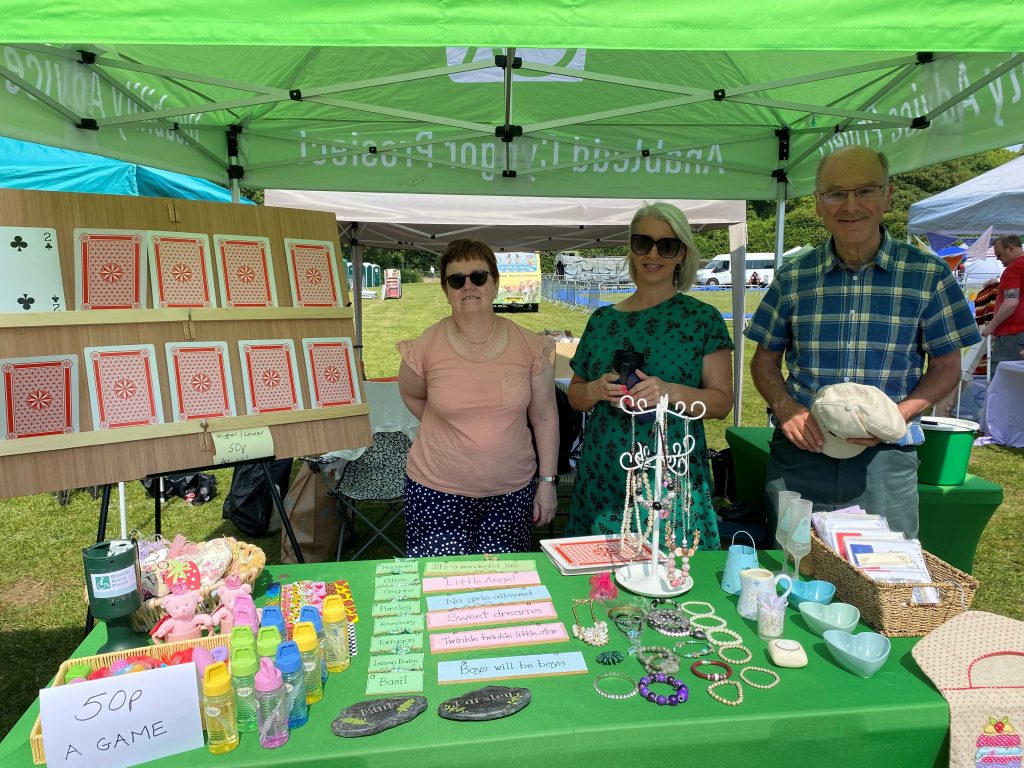 Jayne, Elinor and Tony at DAP stall. Play your cards right game - large cards on wooden board to left of photo. Green table with sensory toys, jewellery and cards
